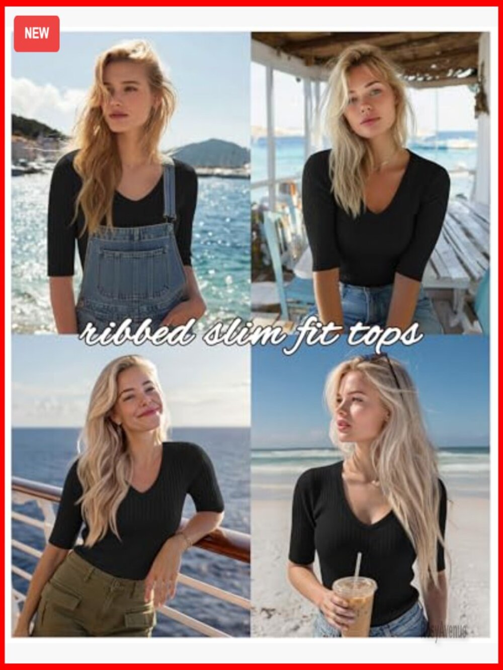 Half Sleeve V Neck Ribbed Knit T-Shirt - Slim Fit Cotton Blend - Picture 2 of 6